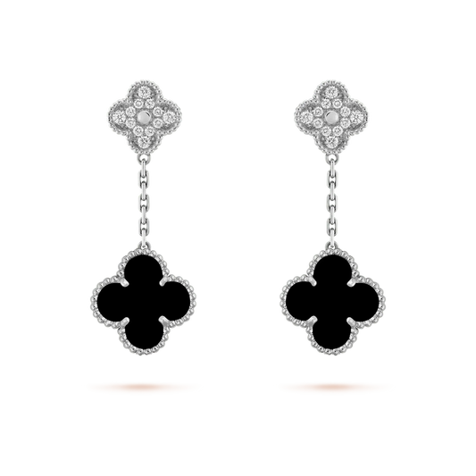 [AuraEcho]CLOVER 2 MOTIFS  DIAMOND ONYX EARRINGS SILVER