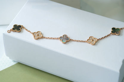 [AuraEcho]CLOVER 5 MOTIFS DARK MOP AND DIAMONDS PINK GOLD BRACELET